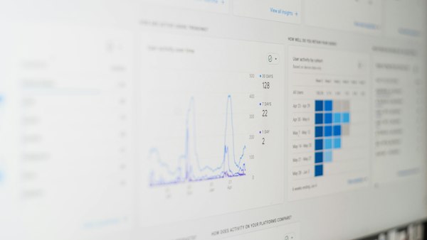 A bright analytics dashboard with line charts and a heat map