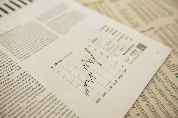 A financial newspaper page with a printed stock price chart