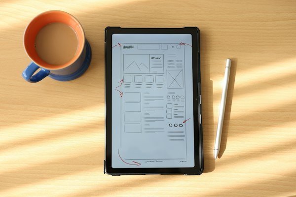 A tablet with charts on a sunlit wooden desk beside a mug