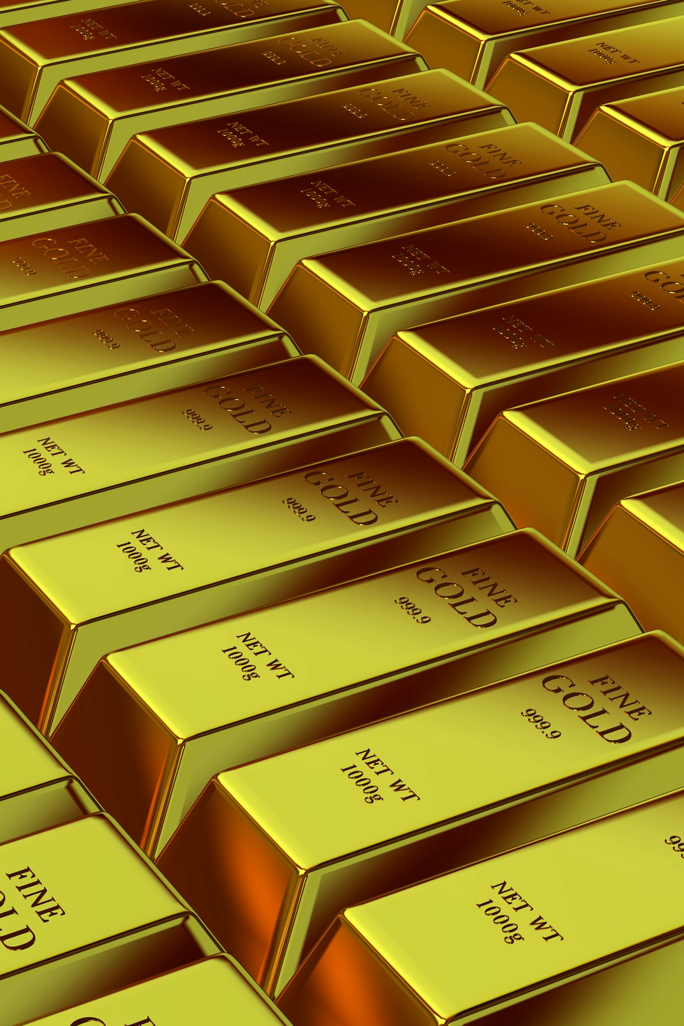 Rows of shiny gold bars stacked neatly