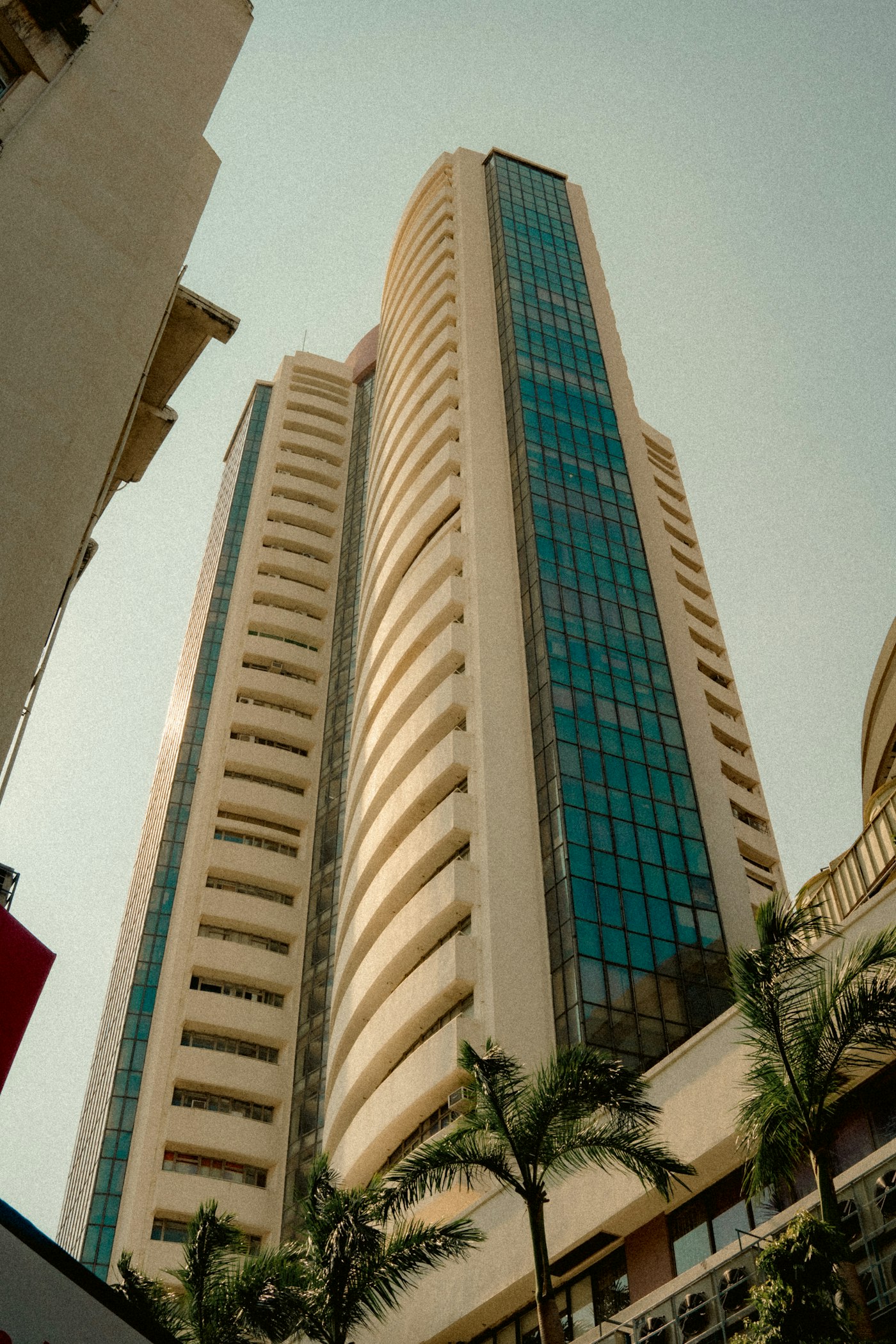 The Bombay Stock Exchange tower on Dalal Street, Mumbai, seen from below